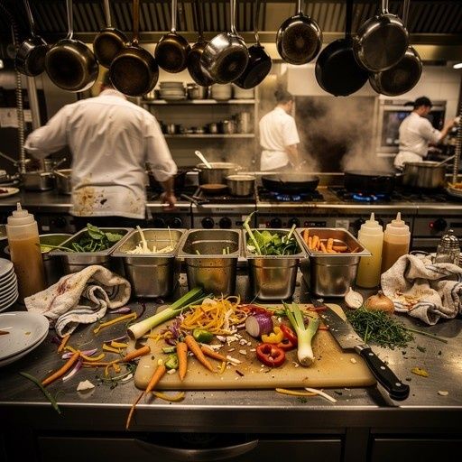 Busy restaurant kitchen with chefs, hanging pans, and vegetable prep scraps
